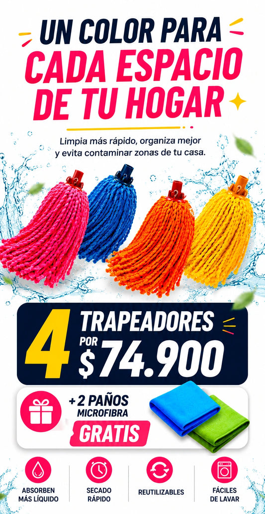 4 trapeadores + 2 paños de microfibra gratis